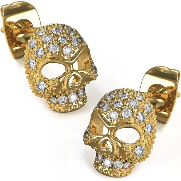 Women Gold Skull Earrings Sterling Silver Post Cubic Zirconia Stud Goth Jewelry, - Picture 1 of 6